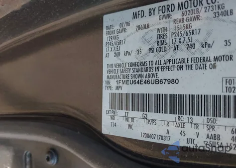 2006 Ford Explorer Eddie Bauer из США, поврежденный, VIN 1FMEU64E46UB67980